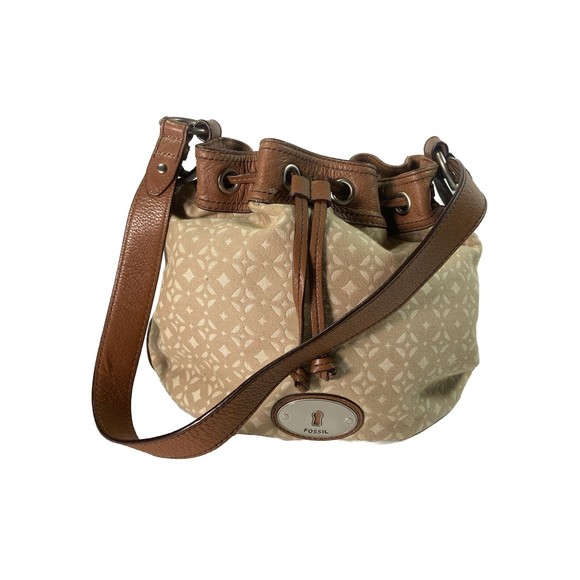 Fossil Bags Fossil Maddox Canvas Tan Leather Trimmed Bucket